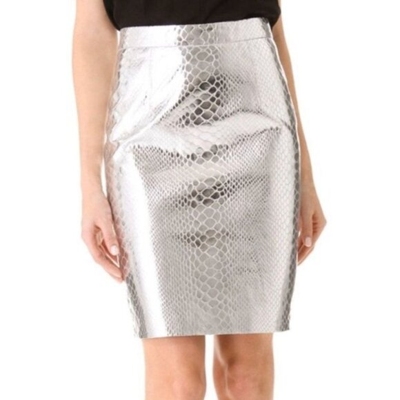 Milly Metallic Silver Python Print Leather Pencil Skirt by Milly of New York-sz